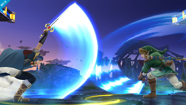 Link en Marth zwaardvechten op een nieuw Super Smash Bros.-screenshot